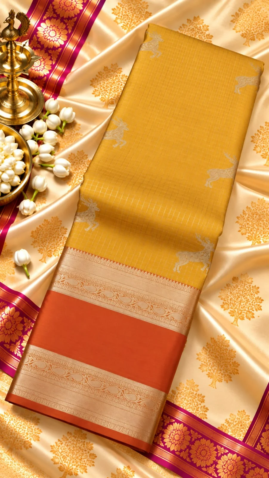 Deer Buttas Checked Antique Gold Zari Semi Kanchipuram Silk Saree